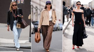 Split image of fashion week attendees wearing leather tote bags