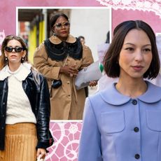 A collage of women wearing Peter Pan collar button-down shirts and coats.