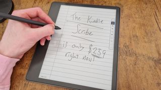 Kindle Scribe showing its price noted down on its digital notepad