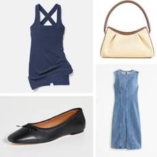 Product collage of outdoor voices dress, reformation ballet flats, ELLEME Dimple Raffia Shoulder Bag, abercrombie denim dress 