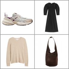 image collage of Nordstrom Crewneck Cashmere Sweater, Reformation Small Silvana Bucket Bag, Ganni Poplin Organic Cotton Midi Dress, Nike V2k Run Premium Shoes 