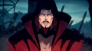 Vlad Dracula Țepeș with his eyes bleeding and fangs out during the Netflix show Castlevania.