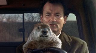 A groundhog sits on Bill Murray's lap in a car in the movie 'Groundhog Day'