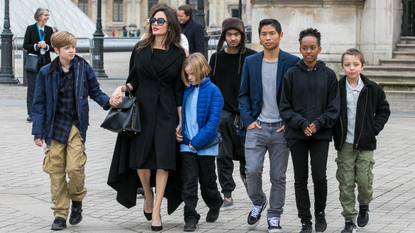 Actress Angelina Jolie and her children Maddox Jolie-Pitt, Shiloh Jolie-Pitt, Vivienne Marcheline Jolie-Pitt, Knox Leon Jolie-Pitt, Zahara Jolie-Pitt and Pax Jolie-Pitt are seen leaving the Louvre museum on January 30, 2018 in Paris, France.