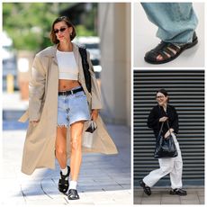 Hailey Bieber wearing black fisherman sandals, jean shorts, white top, trench coat, Loewe Fall 2024 black and brown fisherman sandals, and a fashion influencer wearing black fisherman sandals, white pants, and a black top.