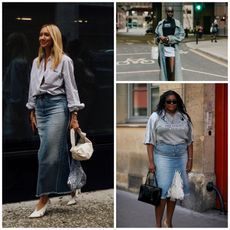 three images of women wearing denim skirts, a white mini denim skirt, blue midi denim skirt, and blue long maxi skirt