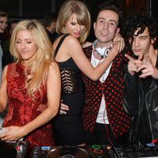 Karlie Kloss, Ellie Goulding, Taylor Swift, Nick Grimshaw and Matt Healy attend the Universal Music Brits party at The Soho House Pop-Up on February 25, 2015 in London, England