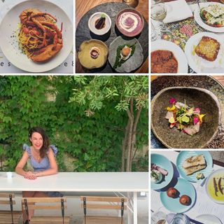 Lydia Swinscoe dining alone surrounded by dishes of food