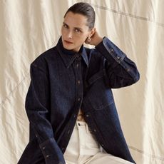 editorial image of banana republic oversized denim shirt 