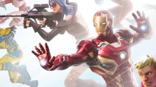 Iron Man seen in Fortnite key art alongside Jonesy and Hope.