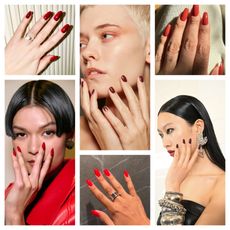 collage of moody red nail trend