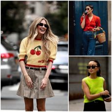 A four image collage of a woman in a short-sleeve yellow sweater, woman in a green sweater vest, woman in a striped cardigan, and woman in red cardigan.