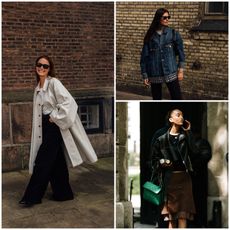 A collage of women wearing the best fall jackets and coats, including leather jackets, trench coats, denim jackets, and bomber jackets