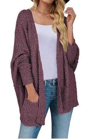 MEROKEETY Women's Fuzzy Popcorn Batwing Sleeve Cardigan 