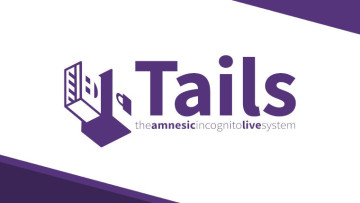 The Tails logo on a white and purple background