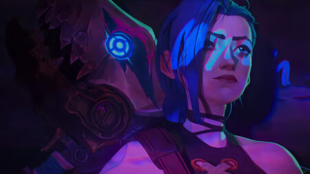 A wallpaper featuring League of Legends' Jinx from Arcane.