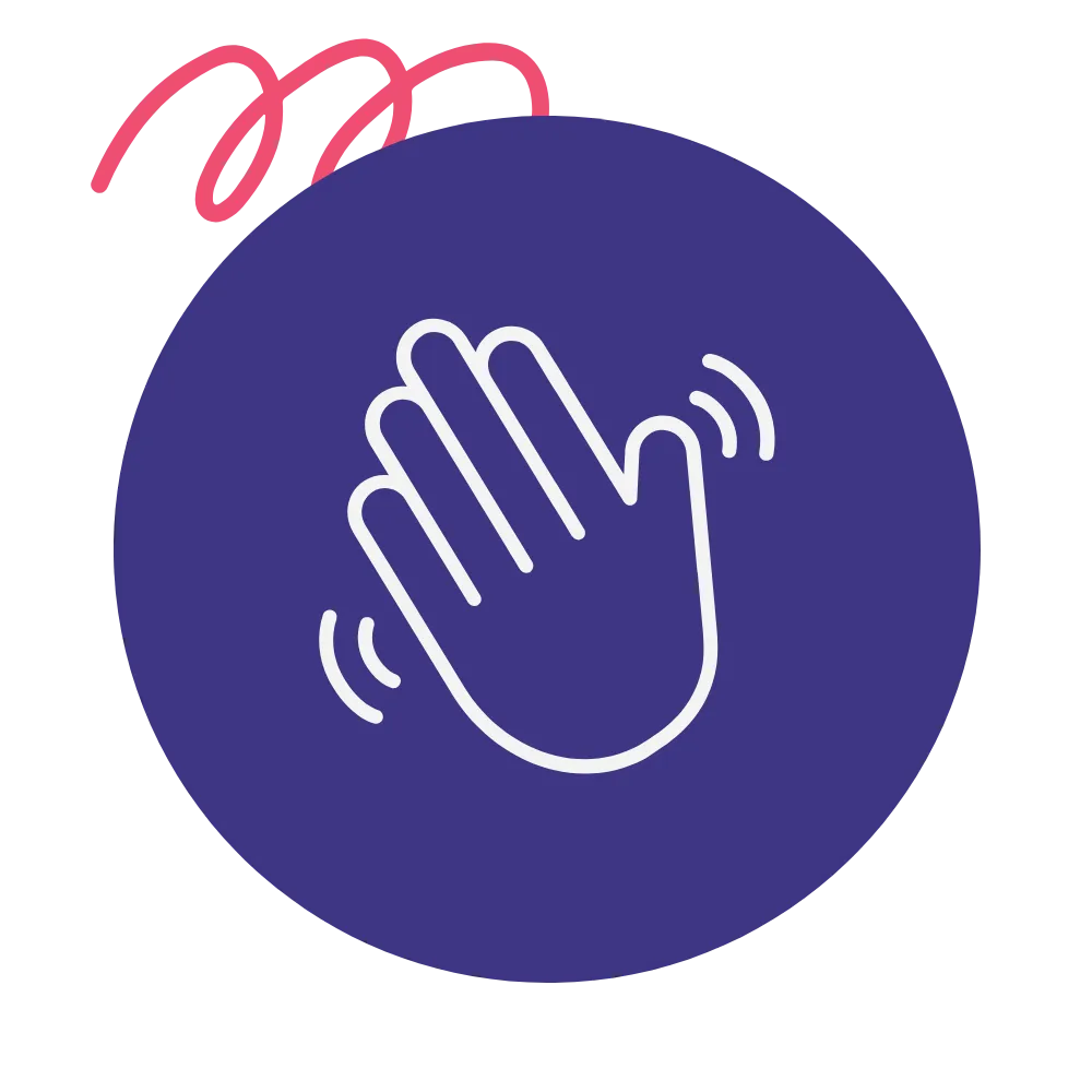 A solid purple circle behind the white outline of a waving hand.