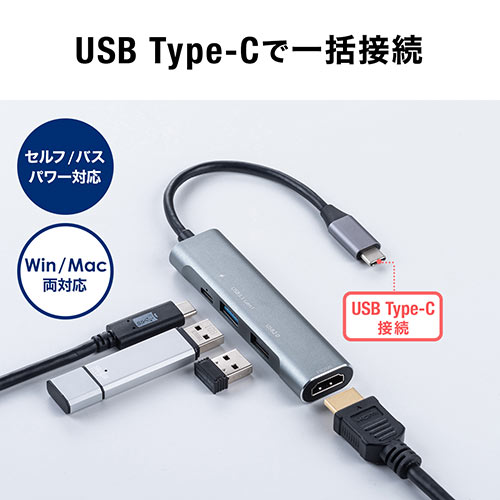 USB Type-C hbLOXe[V oC^Cv PD/60WΉ 4KΉ 4in1 HDMI Type-C USB3.0 USB2.0 K^bN 400-HUB086GM