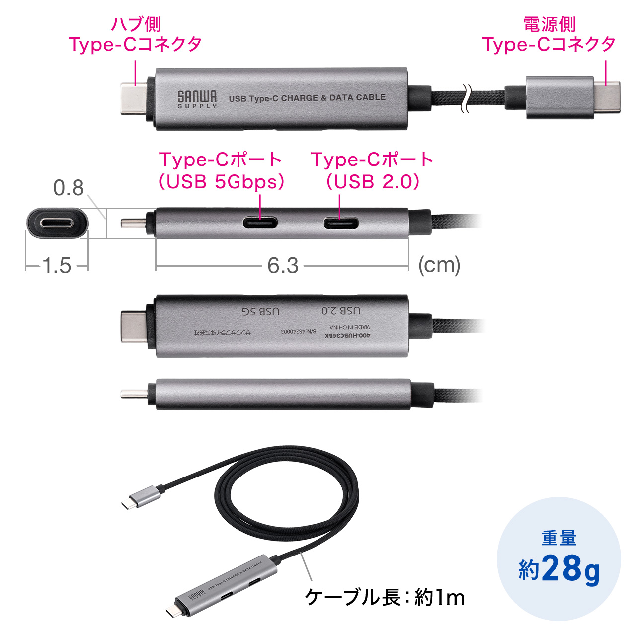 USB Type-Cnu Type-CP[u PDΉ PD100W USB3.2 Gen1 USB5Gbps ^ P[ǔ^ 1m ubN 400-HUBC34BK