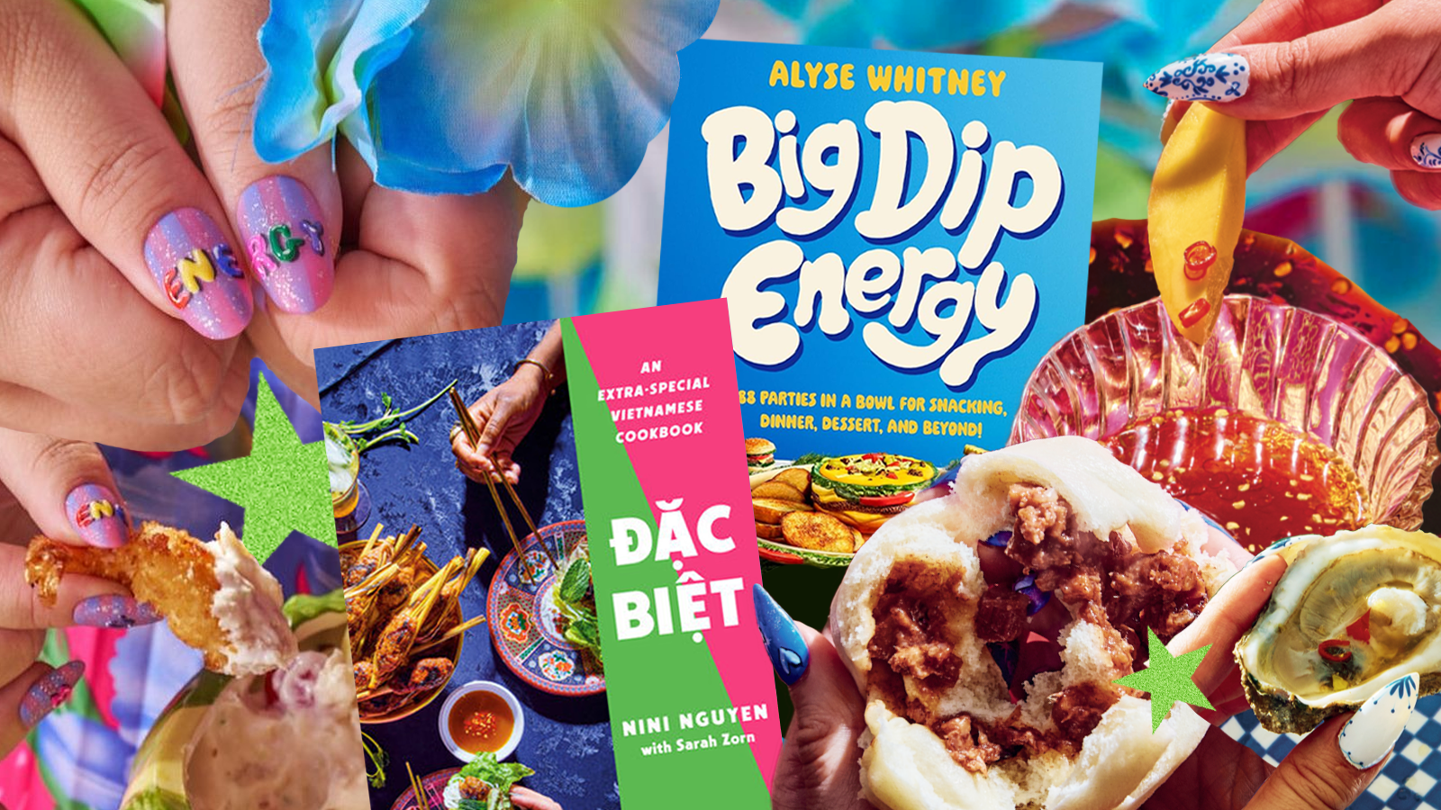 the covers of dac biet and big dip energy, surrounded by colorful, manicured fingernails. photo illustration.