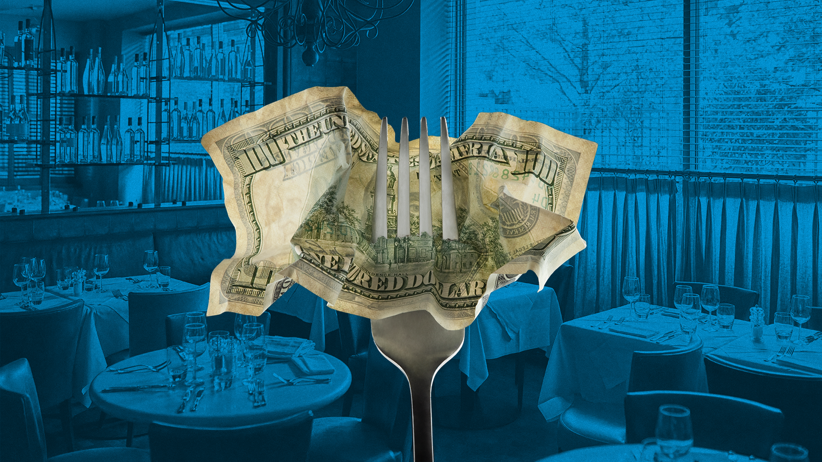 A fork spearing a $100 bill against the backdrop of a restaurant interior.