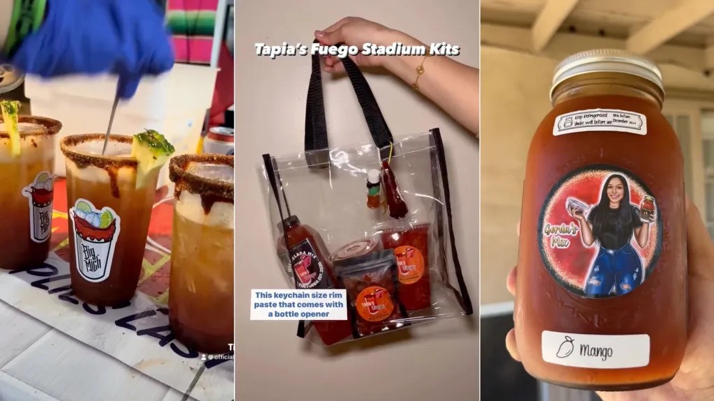 A triptych of a michelada being stirred, a michelada stadium kit, and a jar of michelada