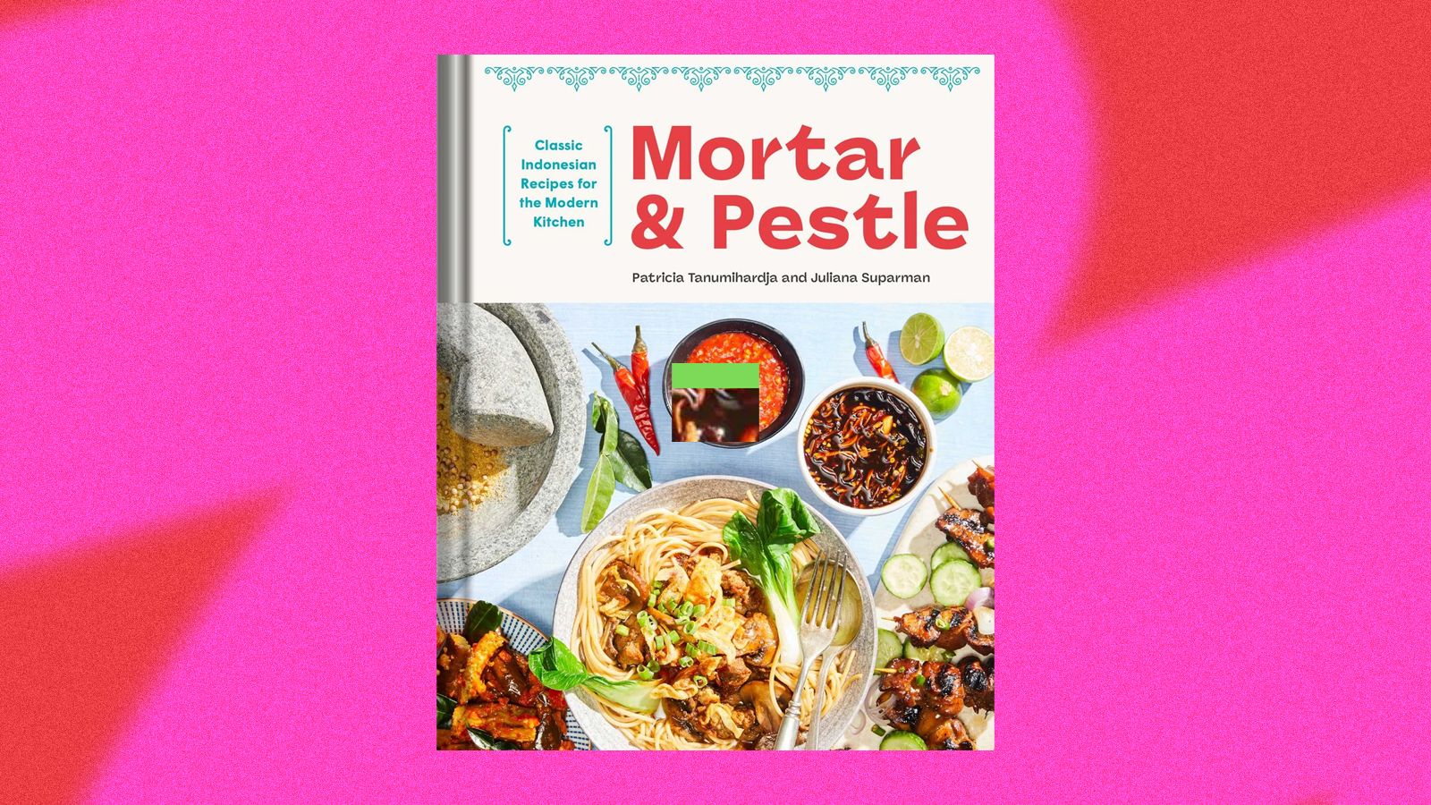 The cover of the book “Mortar and Pestle” by Pat Tanumihardja against a hot pink background. Photo illustration.