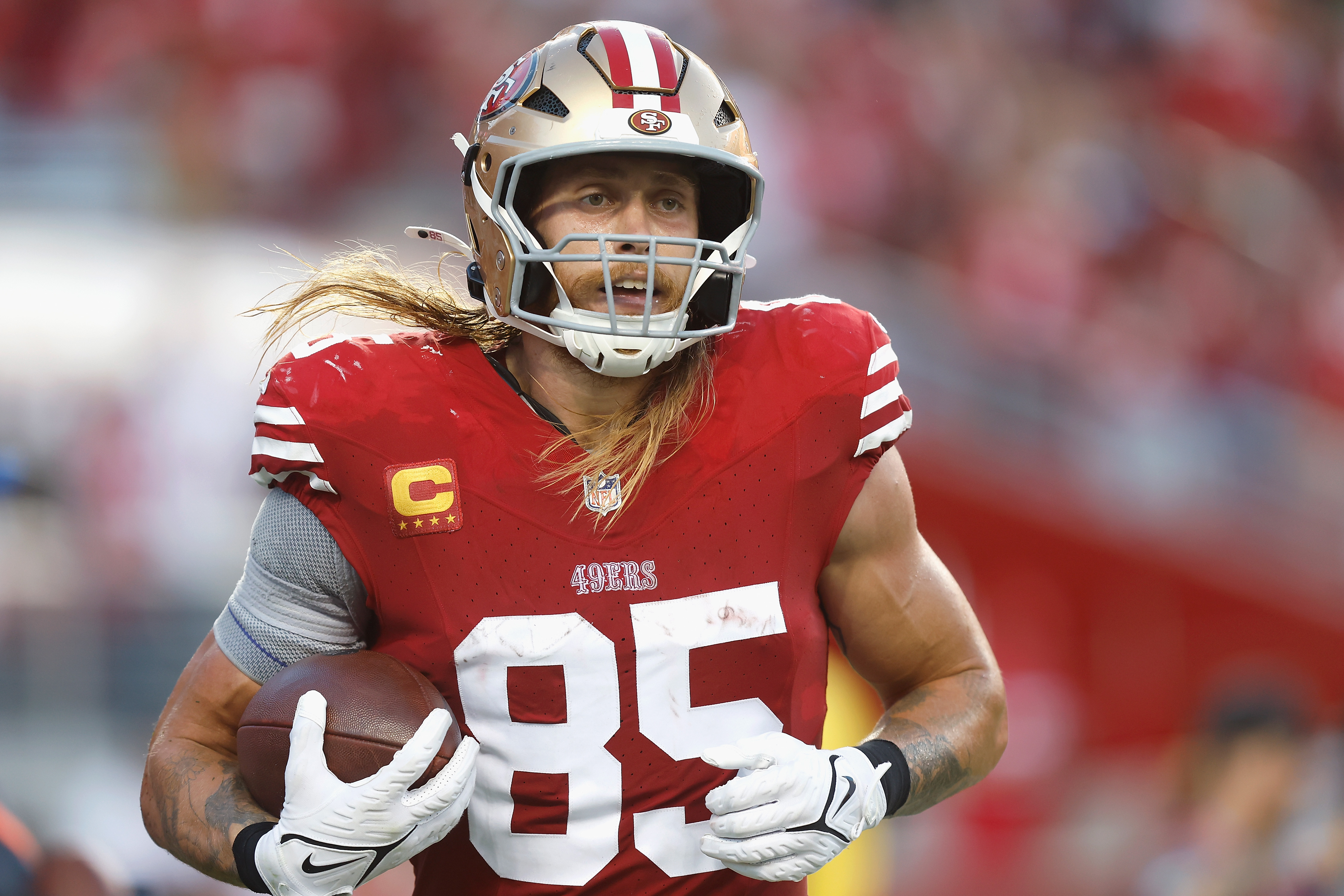 George Kittle #85 of the San Francisco 49ers looks on after a play in the third quarter against the New York Jets at Levi’s Stadium on September 09, 2024 in Santa Clara, California.