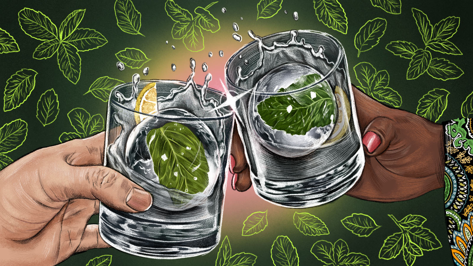 Two hands clinking together cocktail glasses filled with mint ice cubes, with mint leaves in the background. Illustration.