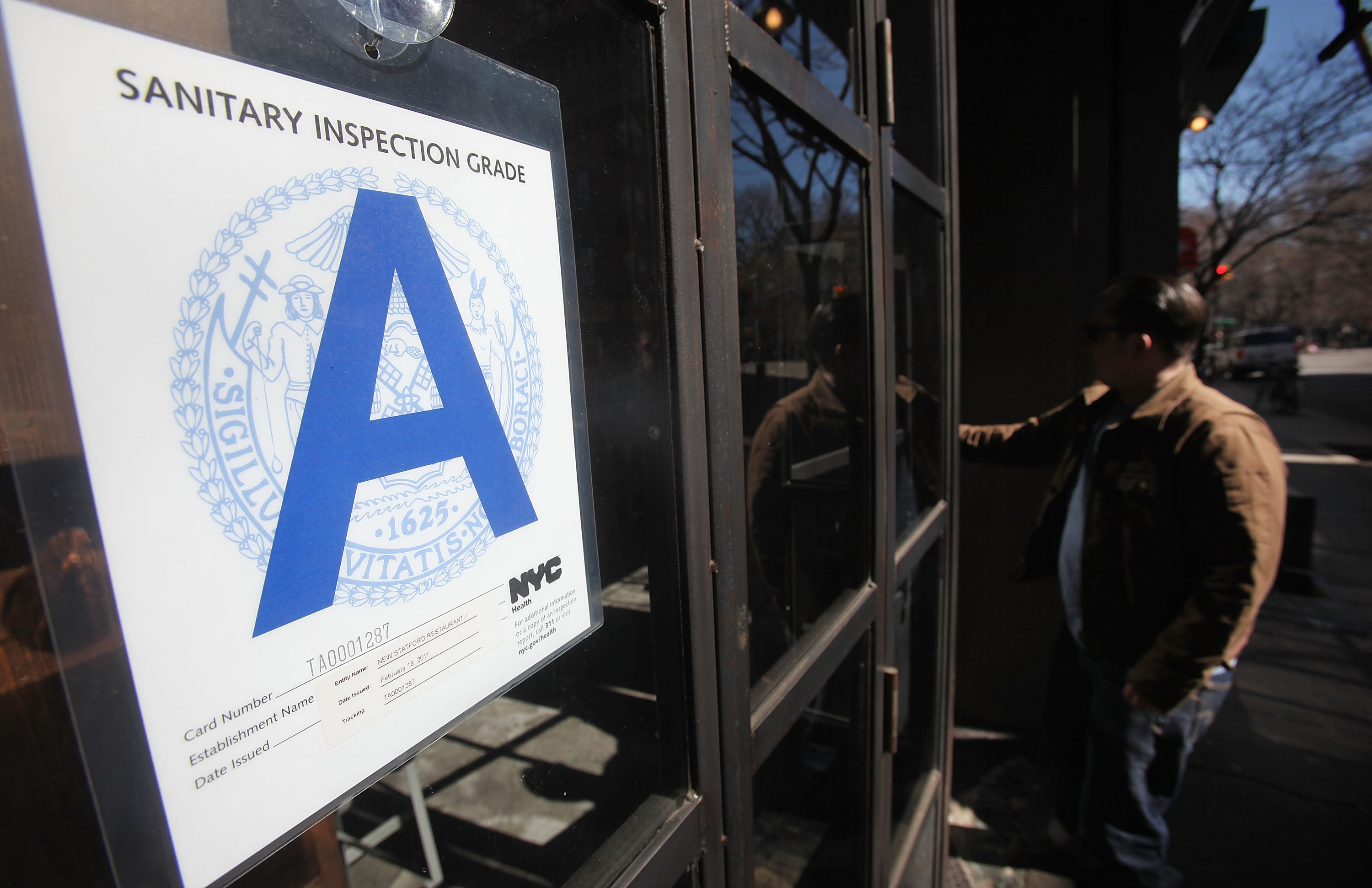 A bar window with an A sanitation grade