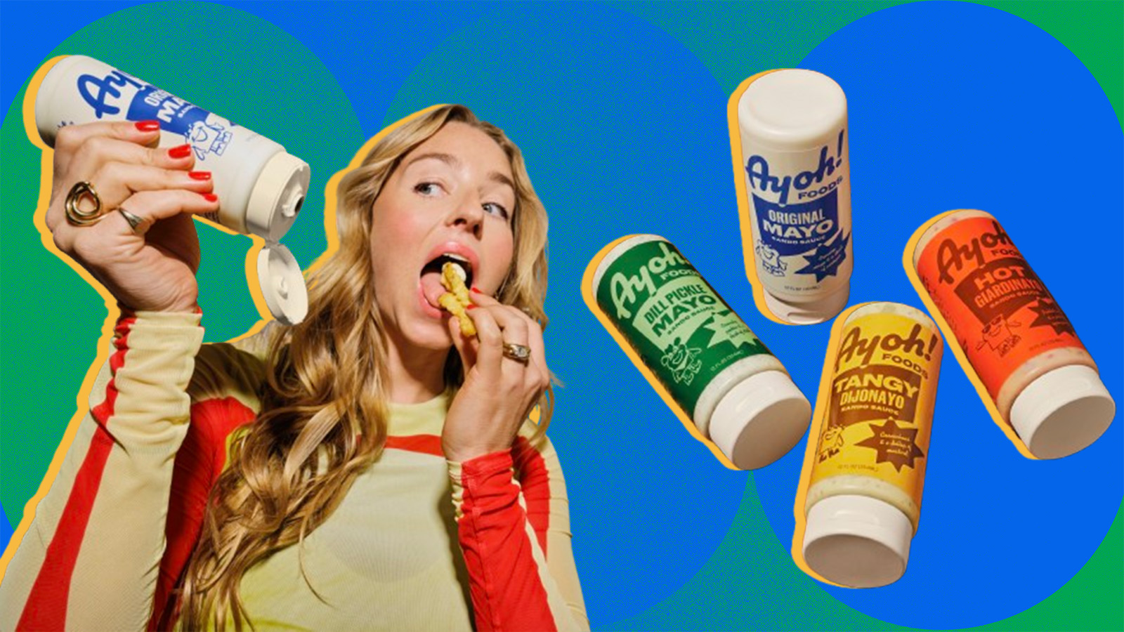 a blonde woman with bottles of mayo