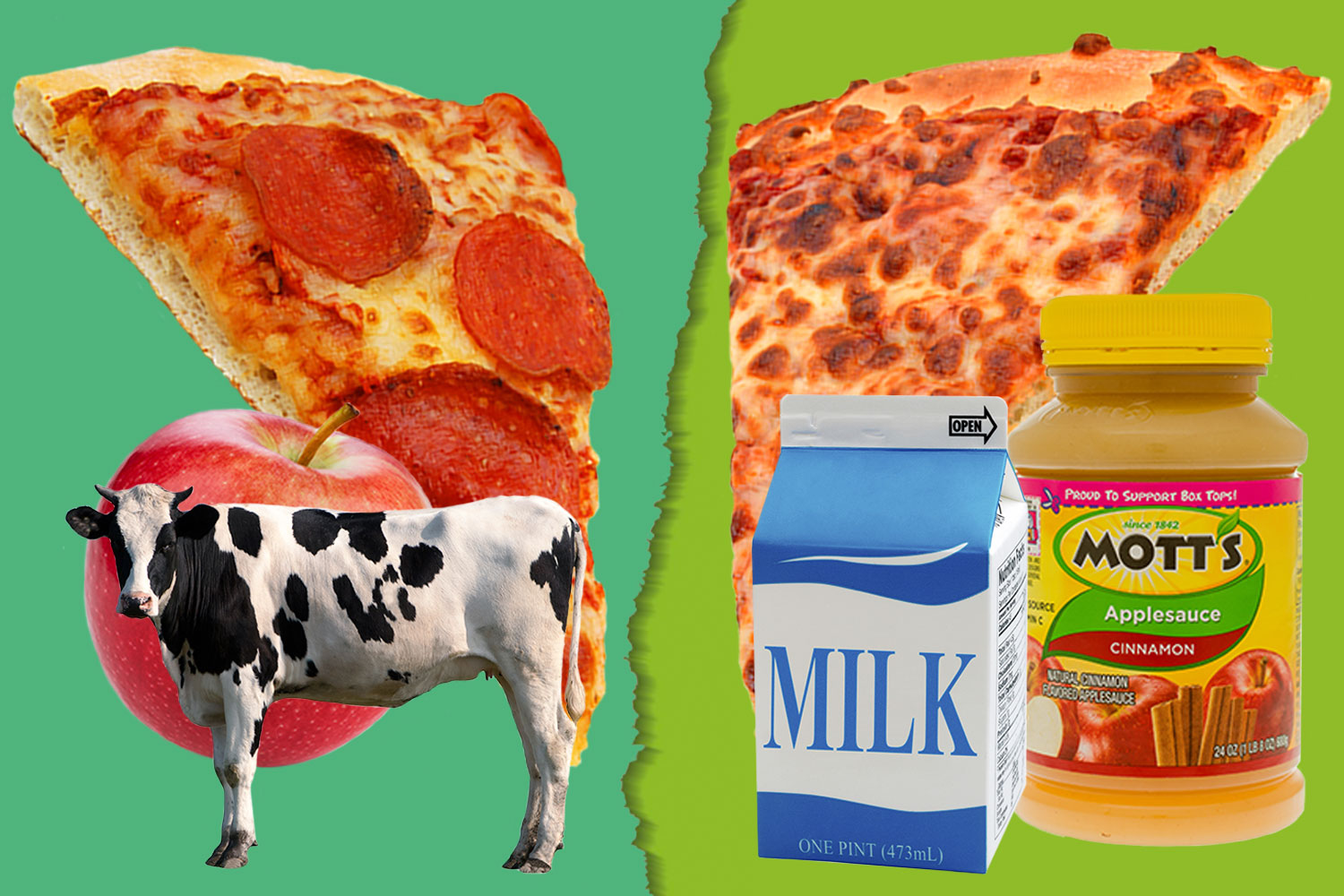 A photo illustration depicting a cow, an apple, and a slice of pepperoni pizza on one half, and on the other half of a jagged line, a slice of cheese pizza, carton of milk, and jar of apple sauce.