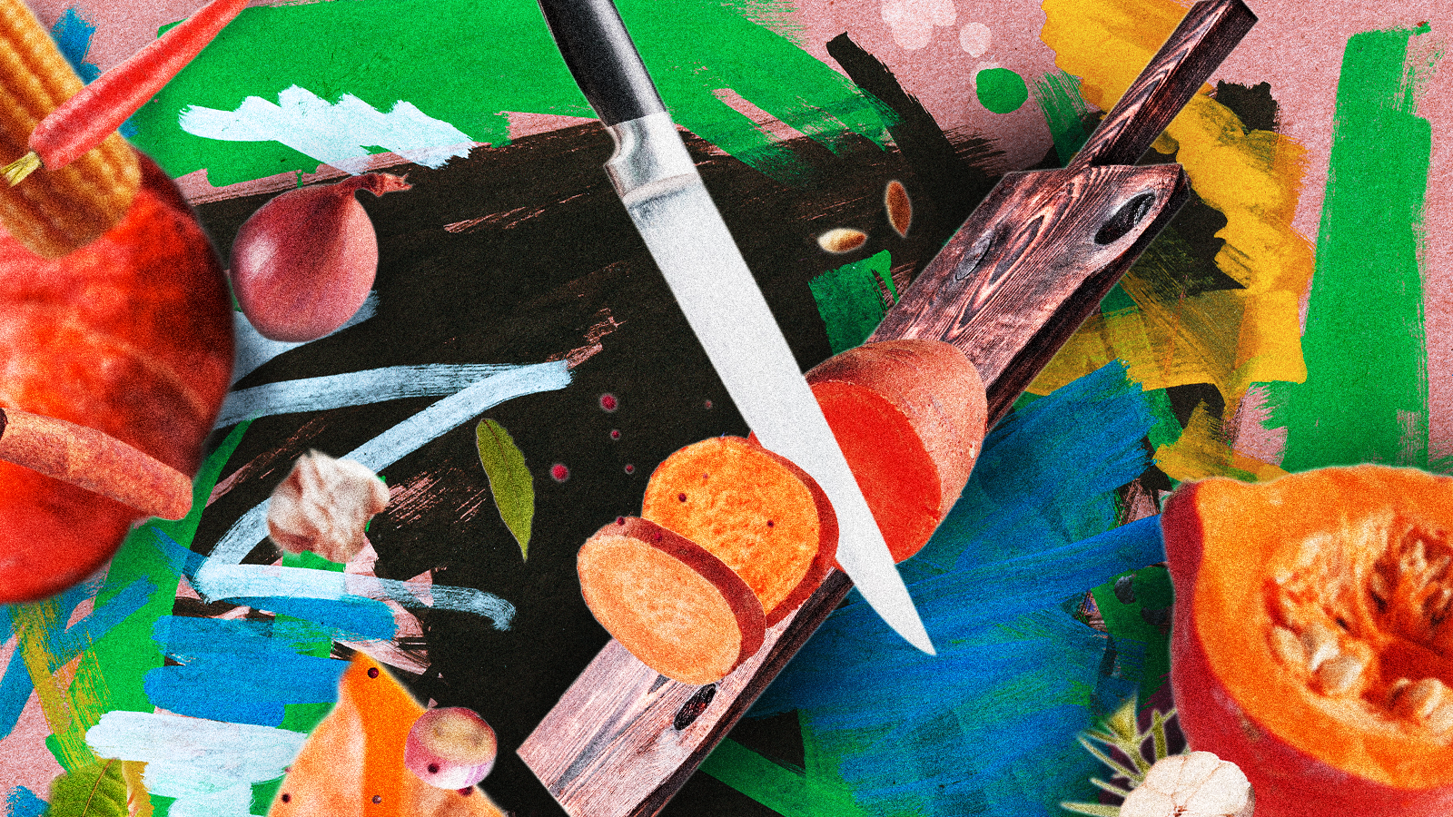 a knife cutting through a sweet potato against a backdrop of abstract colors and floating garlic, onions, and squash. photo illustration.