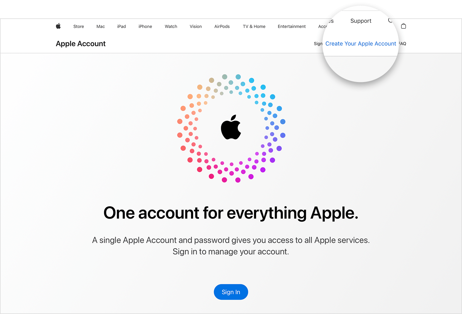 Web screen showing the link for Create your Apple Account