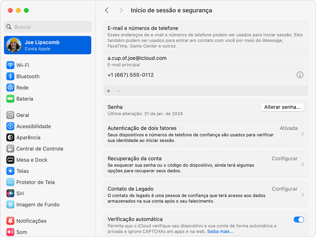 Ajustes do Sistema do Mac mostrando os Ajustes de Início de Sessão e segurança e o botão Alterar senha