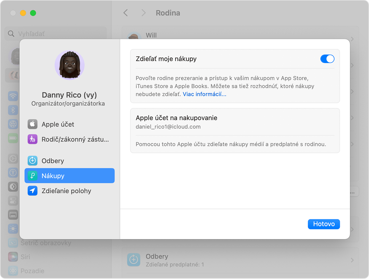 Obrazovka Macu s informáciami o tom, ako zapnúť funkciu Zdieľať moje nákupy.