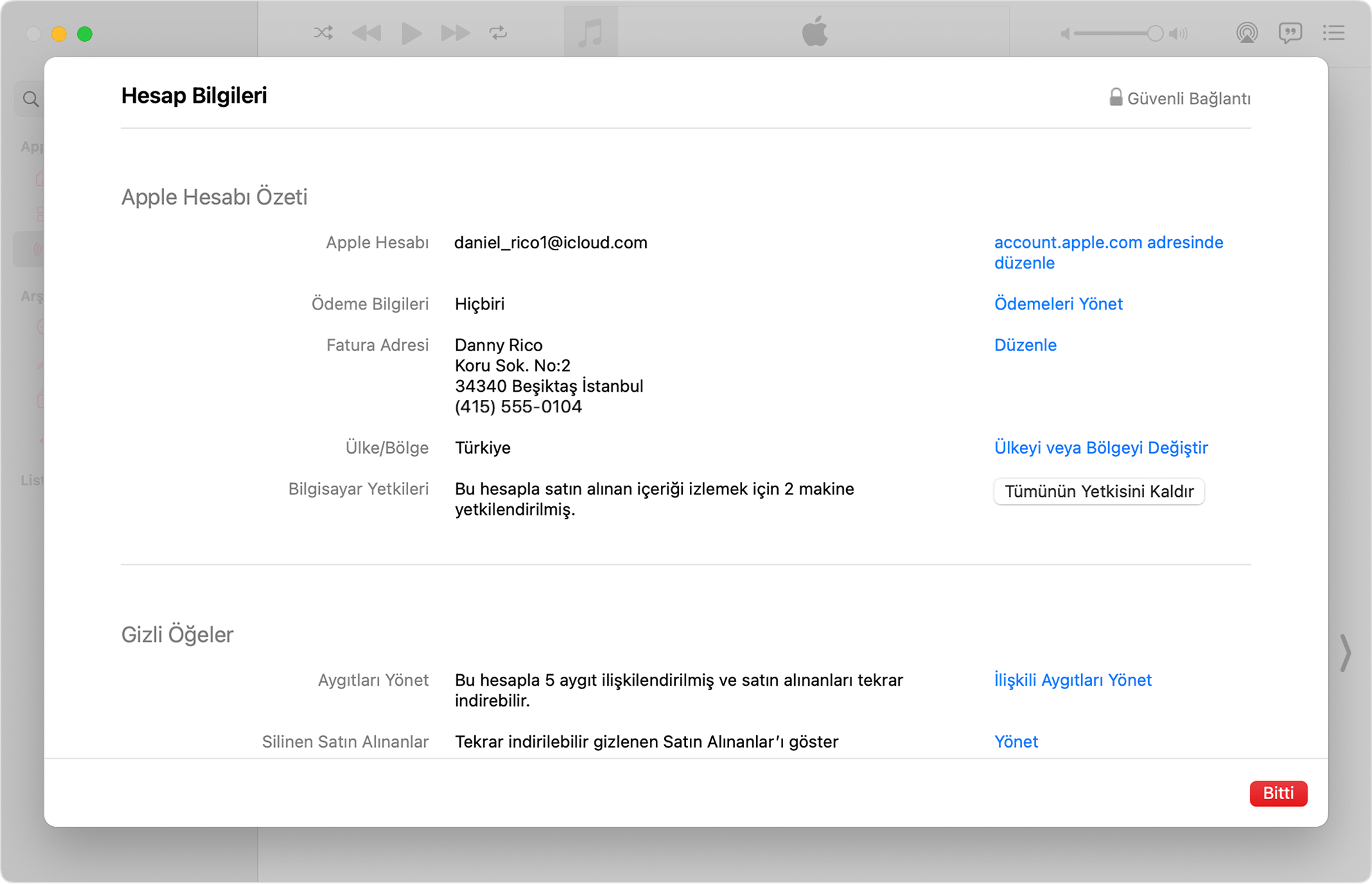 Mac'te Hesap Bilgileri sayfasının ve Tümünün Yetkisini Kaldır düğmesinin gösterildiği Apple Music uygulaması