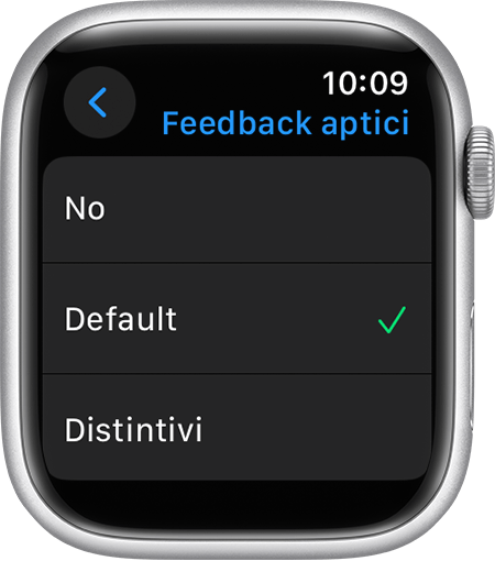 Schermo dell'Apple Watch che mostra l'impostazione Feedback aptici