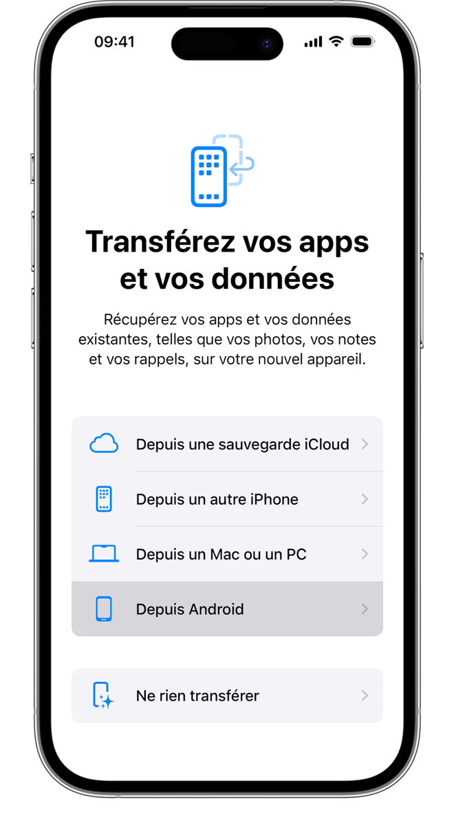 Pendant le processus de transfert, vous pouvez choisir les apps et les informations que vous souhaitez migrer.