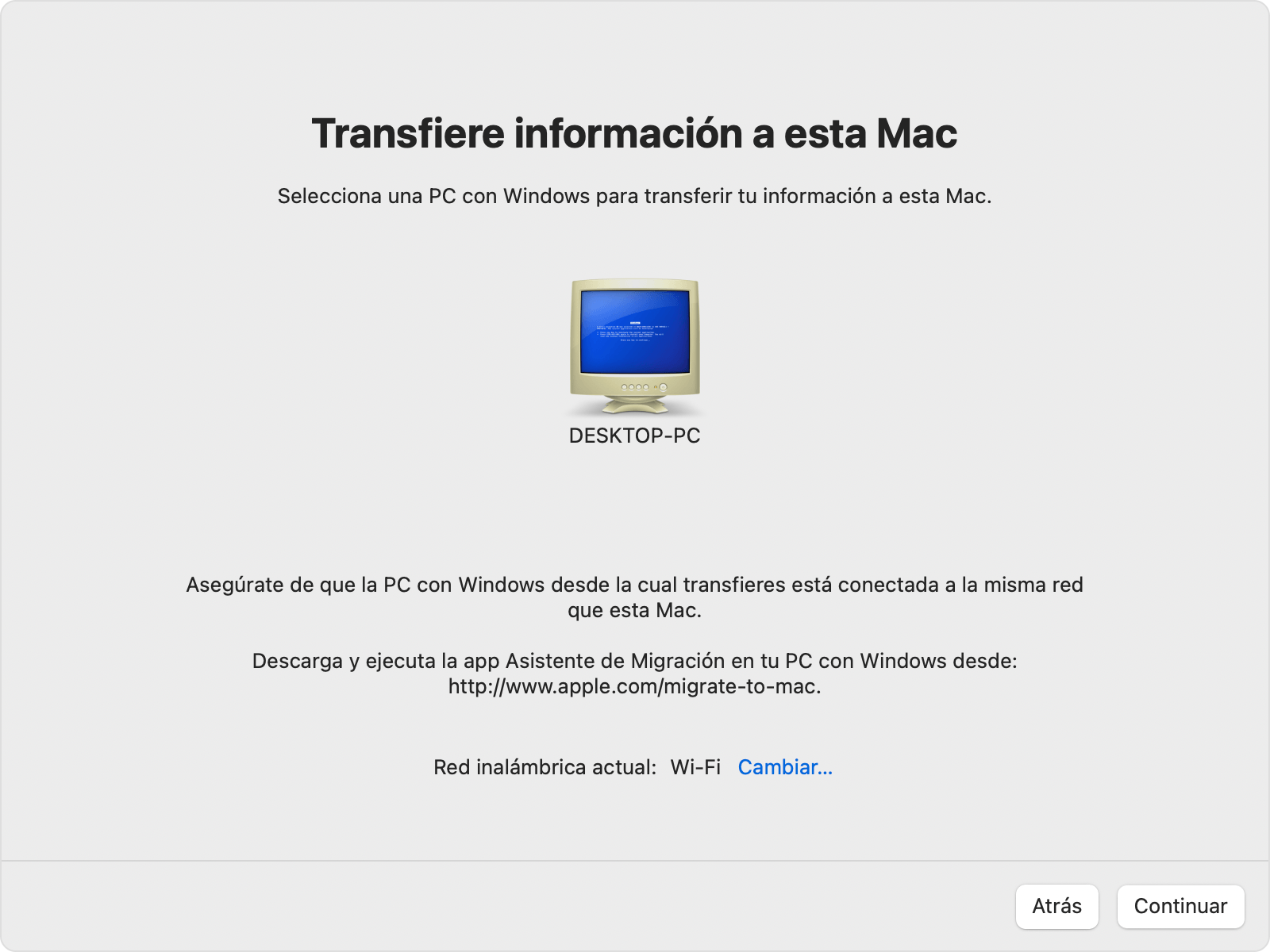 Asistente de Migración en la PC: Transfiere información a esta Mac