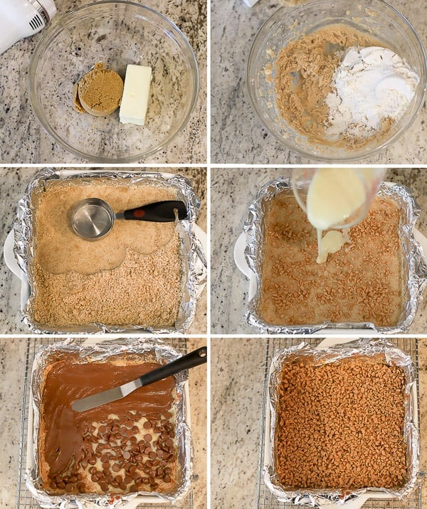 How to make toffee bars - cookie dough in a bowl, bars topped with toffee and chocolate.