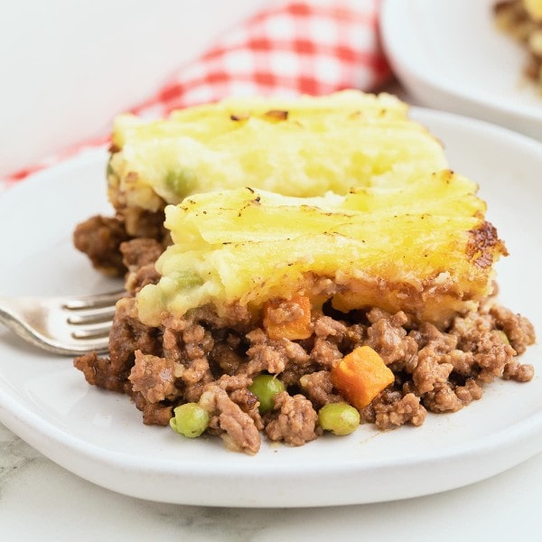 Shepherd's Pie on a white plate.