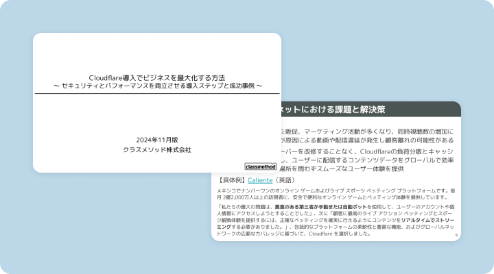 資料請求「Cloudflare導入でビジネスを最大化する方法 〜 セキュリティとパフォーマンスを両立させる導入ステップと成功事例 〜」のイメージ画像