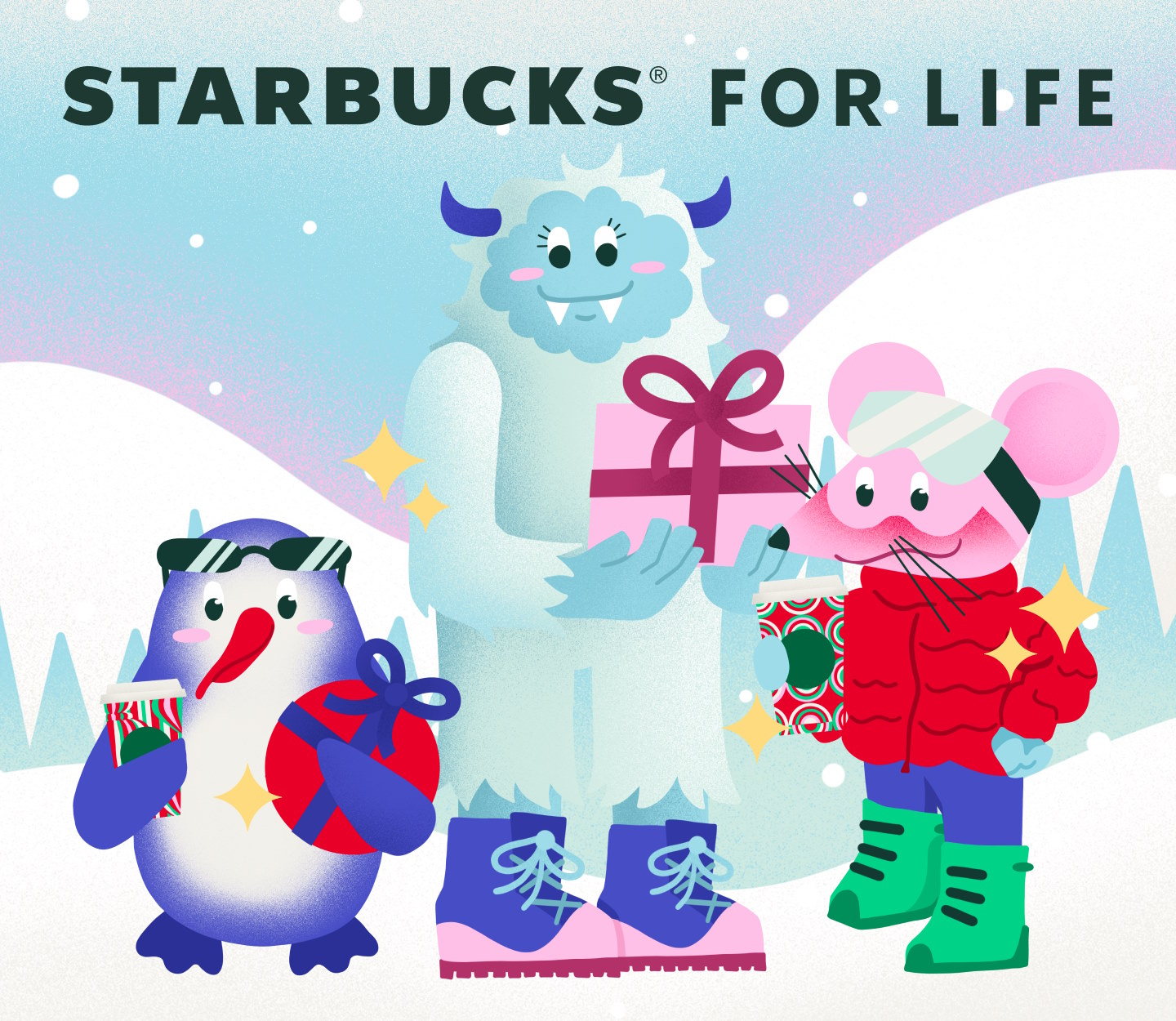 Illustration of Waddles the Penguin, Betty the Yeti and Basil the Mouse holding gifts in the snow with text, Starbucks for Life.