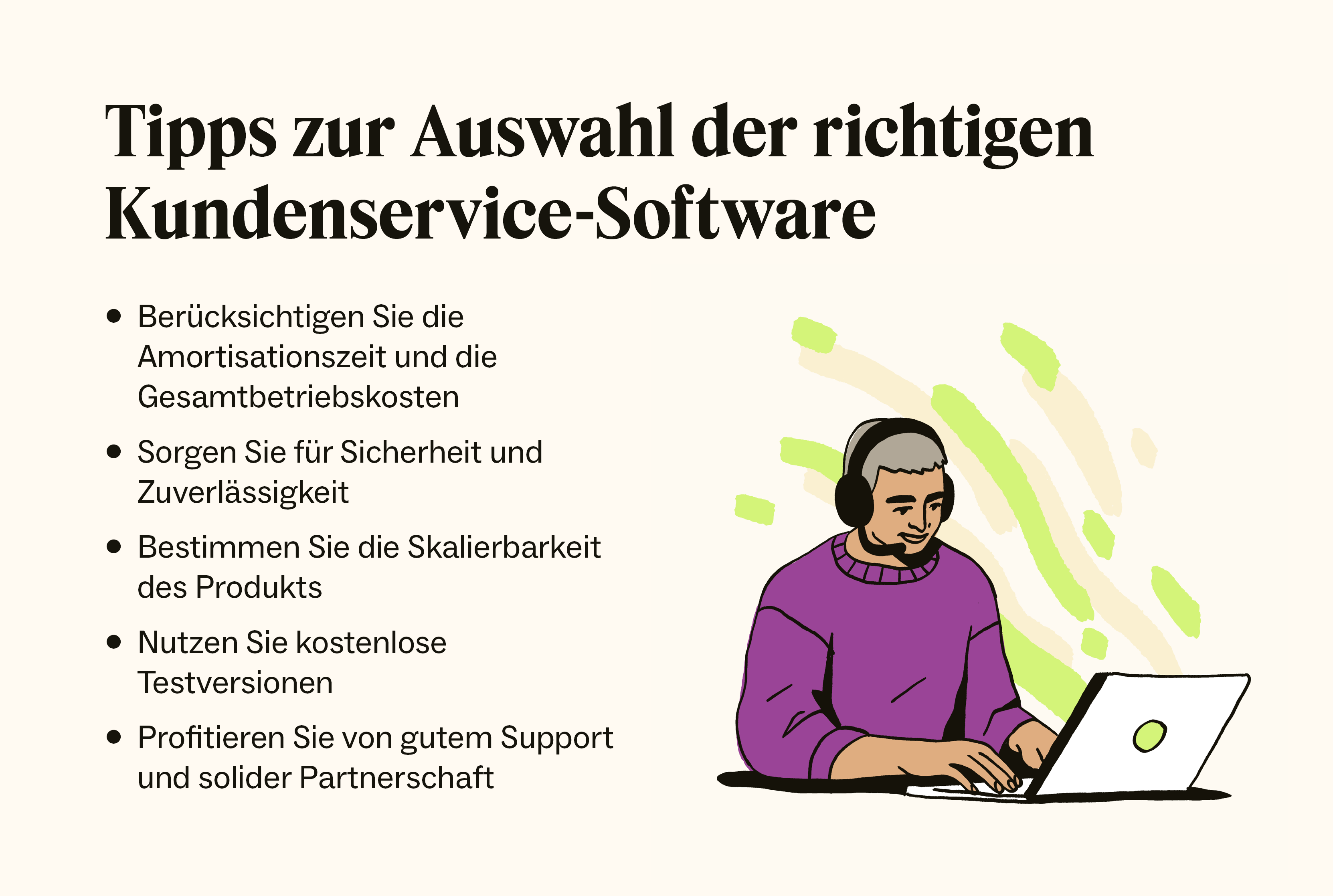 Eine Grafik enthält fünf Tipps zur Auswahl der richtigen Kundenservice-Software für Ihr Unternehmen.