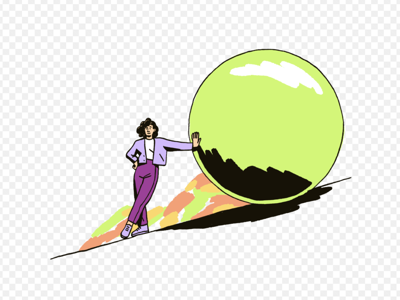 A woman pushes a ball up a hill.