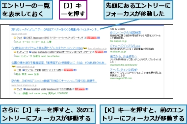 さらに［J］キーを押すと、次のエントリーにフォーカスが移動する,エントリーの一覧を表示しておく,先頭にあるエントリーにフォーカスが移動した,［J］キーを押す,［K］キーを押すと、前のエントリーにフォーカスが移動する