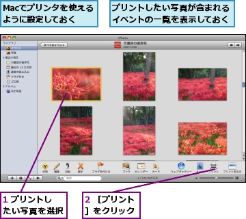 1 プリントしたい写真を選択,2 ［プリント］をクリック,Macでプリンタを使えるように設定しておく,プリントしたい写真が含まれるイベントの一覧を表示しておく