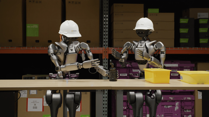 Image of two robots in a factory lifting objects with both arms.