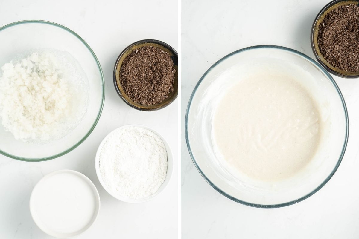 Step one and two of making the oreo cupcake batter in bowls.